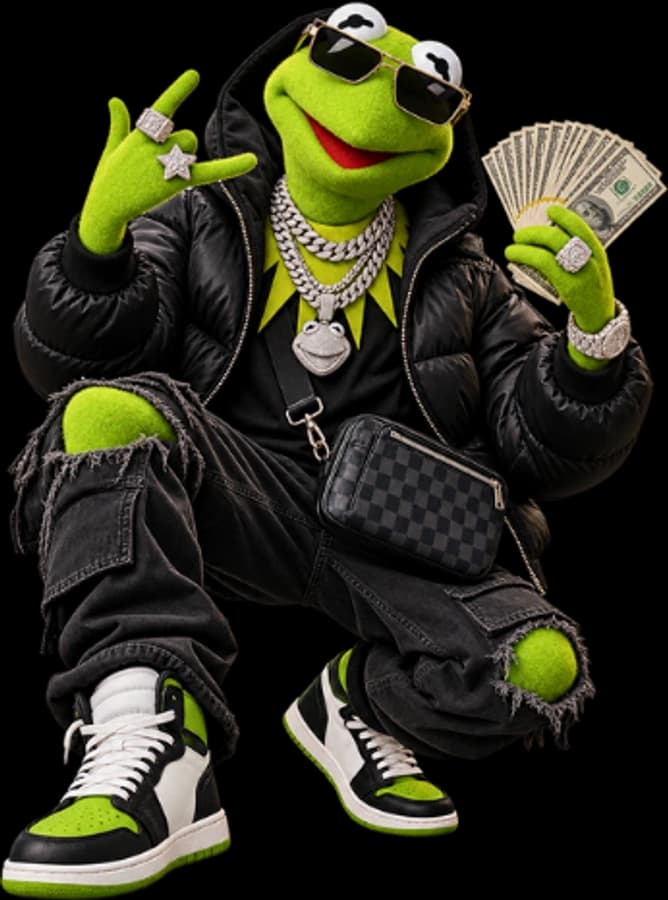 Chill Frog in a puffer jacket holding cash